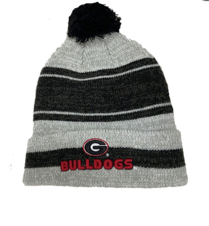Georgia Bulldogs Knit Cap- Grey/Black Stripe Pom Pom Cuff